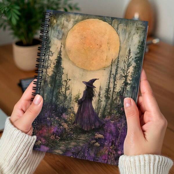 1 pieza Cuaderno de espiral morado con diseño de bruja del bosque mágico - 100 páginas, adecuado para diario, planificador y regalo, diario de bruja | Arte de portada misterioso | Encuadernación de espiral duradera, regalo de bruja, adecuado para Halloween