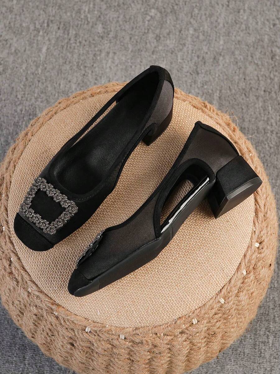 Square Toe Chunky Heel Women's Shoes, Versatile Rhinestone Button Slip-On Flats, Fashionable Mule Shoes, Black High Heels, Women's High Heel Pumps, Run Large, Size 35-43