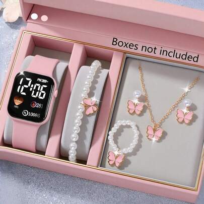 6/1pc Elegant Fashion Square & Heart Shaped LED Digital Watch, Paired With Pearl Butterfly Necklace, Bracelet, Ring, Earrings Jewelry Set, Perfect Gift For Girls On Parties, Celebrations, Travels, Back To School, Christmas, Halloween, Friends & Family