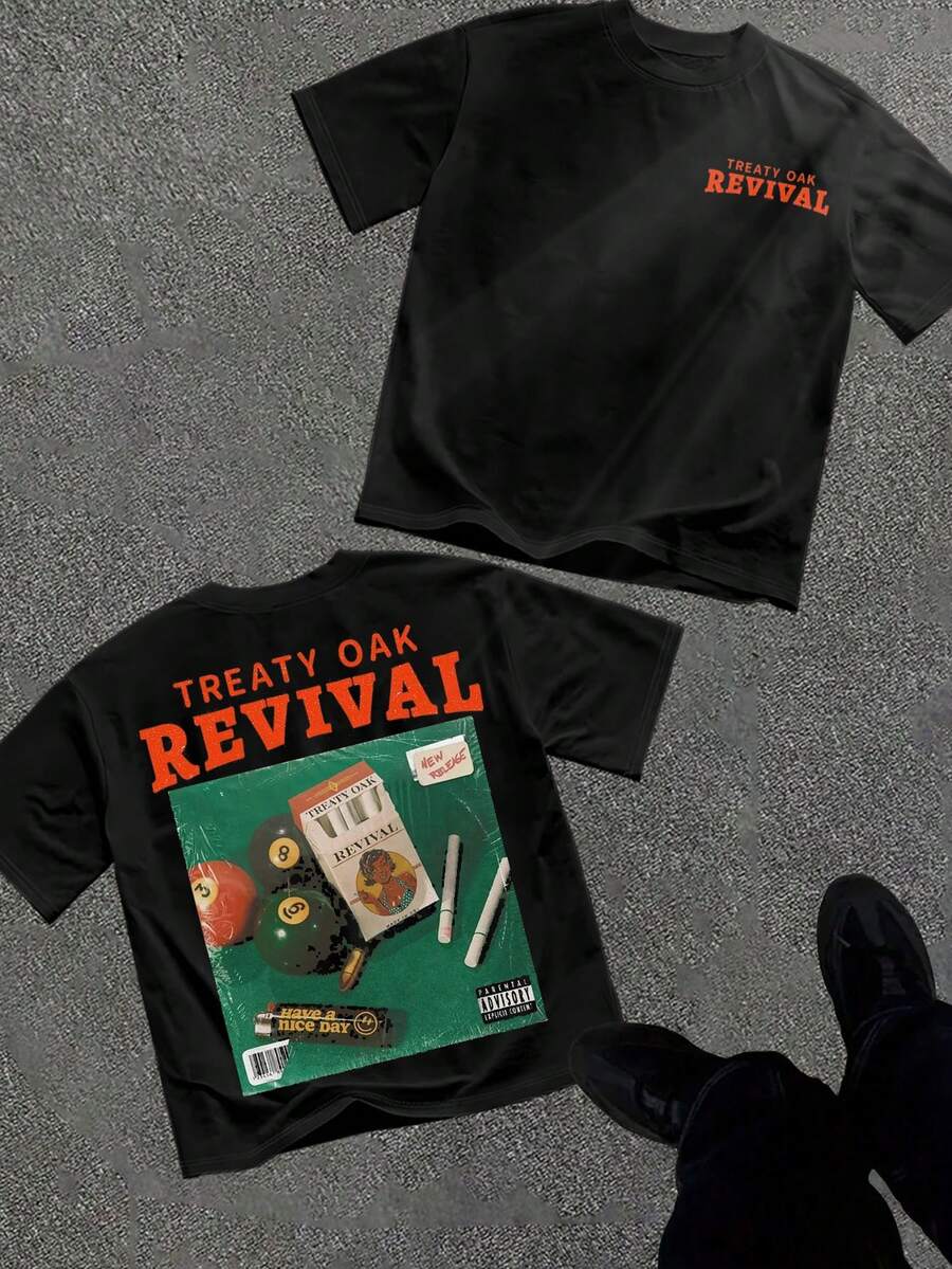 Treaty Oak Revival (180 Cotton T-Shirt) Men's Round Neck And Short Sleeves, Casual Cotton, Casual Fashion, Suitable For Indoor And Outdoor Wear And Holiday Gifts - 黑色 - 查看 1