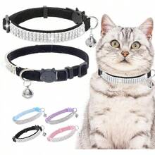 EXPAWLORER Soft Velvet  Collars Girl Cats -2 Pack Rhinestones Bling Diamante Adjustable Collars Breakaway- Chirstmas Clollar Gifts With Bells Boy Cats And Small Dogs - 黑色 - 查看 10