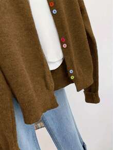 Áo khoác cardigan dài tay cổ tròn cài cúc nhiều màu sắc cho nữ cỡ lớn, trang phục lễ hội thu đông cho nữ, áo dự tiệc màu nâu. - màu nâu - Xem 4