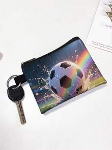 1 pieza Monedero compacto con cremallera, bolsa con cremallera de poliéster de moda y duradera con estampado gráfico de fútbol, ideal para guardar monedas y pequeños artículos esenciales, regalo divertido con cierre , material duradero, fácil de cuidar, regalo para fiesta deportiva y vacaciones