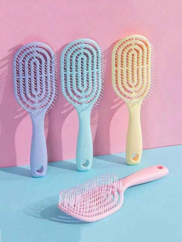 1/4 piezas Peine de mango largo multicolor, diseño estriado hueco para mujeres, uso en seco y húmedo, voluminizador, herramienta de peinado, rosa, morado, azul, amarillo. Cepillo rizador 2025 - Con cerdas y peine rizador de diseño especial, fabricado especialmente para cabello rizado