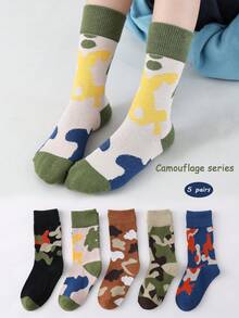 5 Pairs Boys' Printed Crew Socks (3-12 Years Old) - Soft And Simple Camouflage Mid-Calf Socks Suitable For Boys, Suitable For Sports And Back To School Outfits