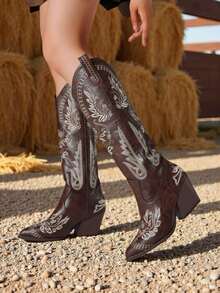 Brown Cowgirl Outfits For Women Boots  Knee High Pointed Toe Thick Heels Festival Shoes Fashion Country Concert Combat Boots For Women - Màu nâu Sô-cô-la - Xem 9