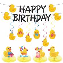 12pcs Yellow Duckling Theme Birthday Party Banner, Hanging Decor And Cake Topper. Adorable Happy Birthday Party Decorations