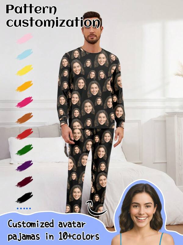 Retrato personalizado gráfico, conjunto de pijama informal y divertido para hombres y mujeres, ropa de casa, colorido, lindo, adorable, sencillo, gracioso, personalizado, único, personalizado, regalo ideal para él, regalo ideal para ella, novio, novia, familia, amigos, ella, ropa de otoño, luce glamoroso, invierno