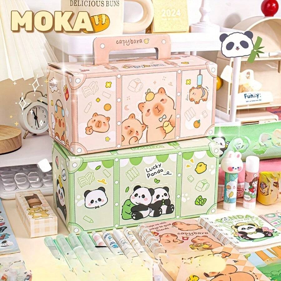 1 件水豚/熊猫主题文具礼盒，内含 9-10 件随机文具用品 - 适用于教学奖励、学校礼物和其他用途。 - 彩色 - 查看 1