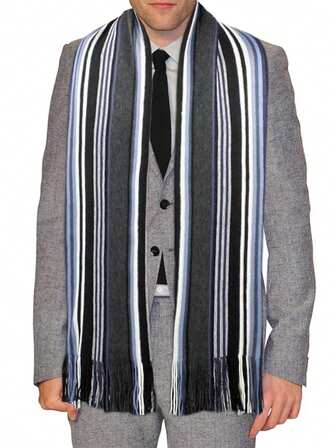 Extra lång varm randig stickad halsduk, randig färgblocksstickad vinterhalsduk med tofsar, unisex randig vinterstickad halsduk med tofsar