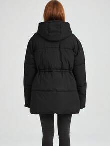 New Women's Black Hooded Padded Coat With Drawstring And Pockets Long Regular Sleeve Winter Jacket