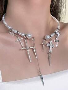 1件时尚精致星形十字吊坠，朋克风合金仿珍珠水钻银项链吊坠，适合女性日常、派对、音乐会佩戴，可作为圣诞节或新年礼物 - 銀色 - 查看 8