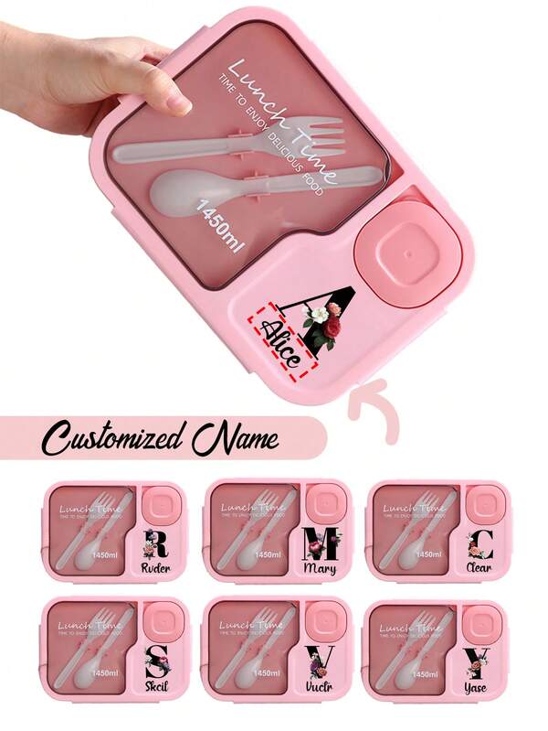 1pc Large-Capacity Lunch Box With A Custom Name, 1450ml Adult Lunch Box, Three-Compartment, Leak-Proof Lunch Box, Printed With Red Flowers And Black Initials A-Z, Personalized Lunch Box, Built-In Cutlery And Separate Sauce Storage Box