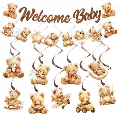 1pc/9pcs/11pcs Cute Bear Carton Happy Birthday Banner, Suitable For Children Bear Themed Birthday Party Decorations