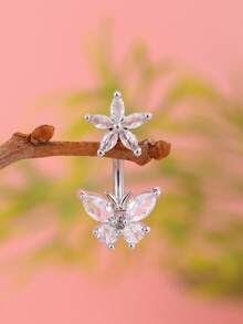 1 قطعة خاتم سرة مرصع بالزركونيا بتصميم الفراشة والنجمة الخماسية