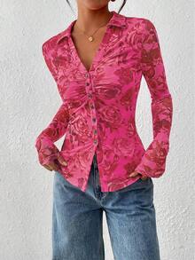 Women Button Down Floral Shirts  Fall Long Sleeve V Neck Ruched Fitted Mesh Blouse Tops Date Outfits Valentine's Day Vacation Fall Clothes For Women - Foundation Red Color - View 6