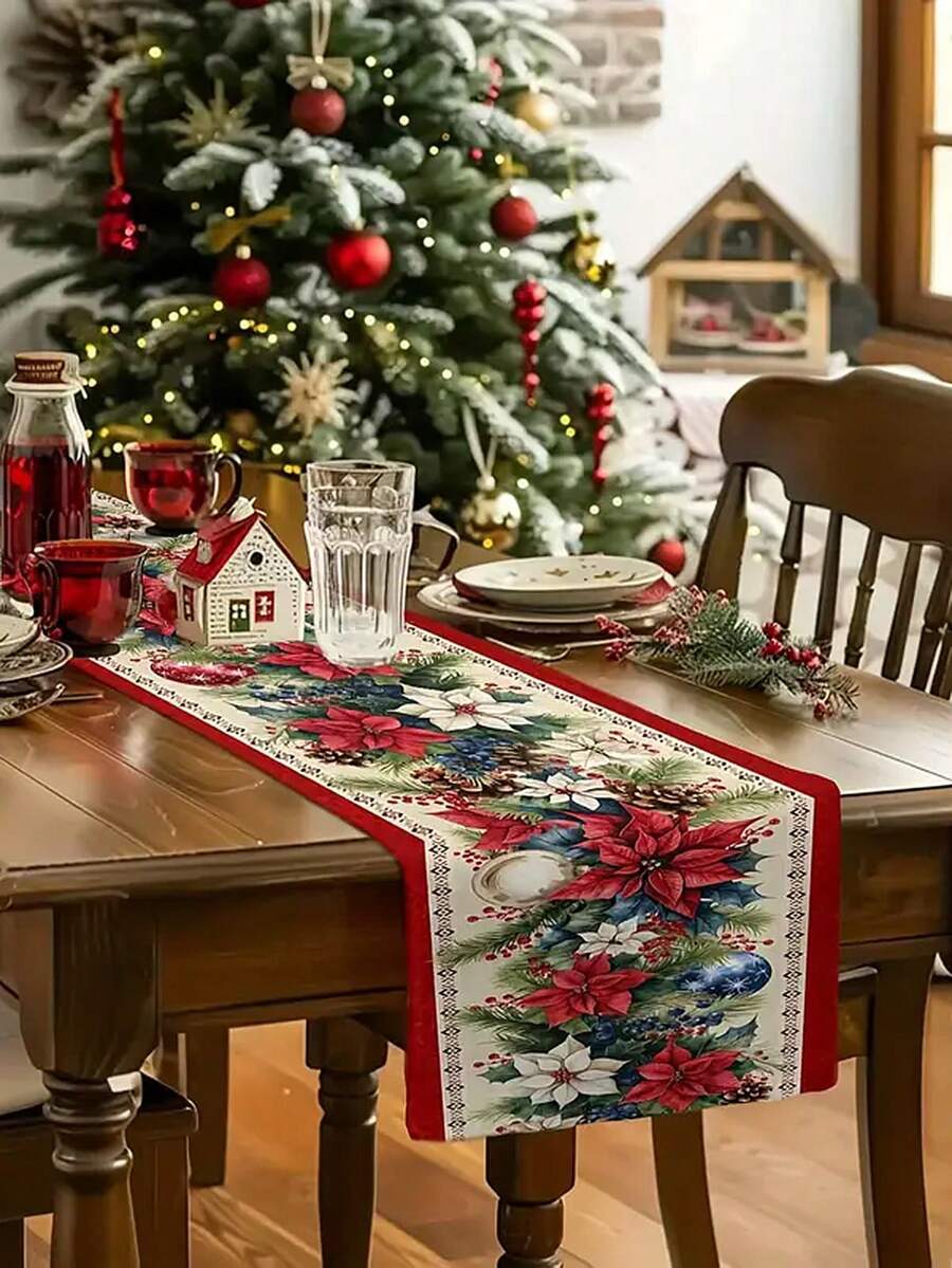 1 pieza Camino de mesa de lino rojo navideño - Decoración festiva de poinsettia de invierno para comedor y cocina durante las fiestas (33 x 90/120/160/183/200 cm)