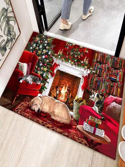 1PC Christmas-Style Mat, Crystal Velvet Carpet, Living Room Large Carpet, Household Living Room Carpet, Bedroom Bedside Rug, Entrance Dustproof Mat, Bathroom Entrance Mat, Suitable For Use In Bedroom, Bedside, Entrance, And Living Room