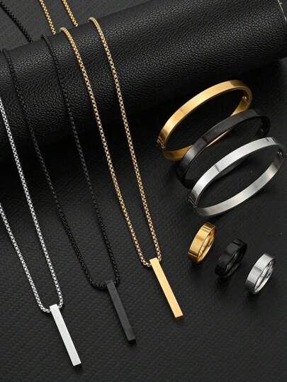 3 件套时尚长发柱氧化简约光滑男士首饰套装，适合日常佩戴