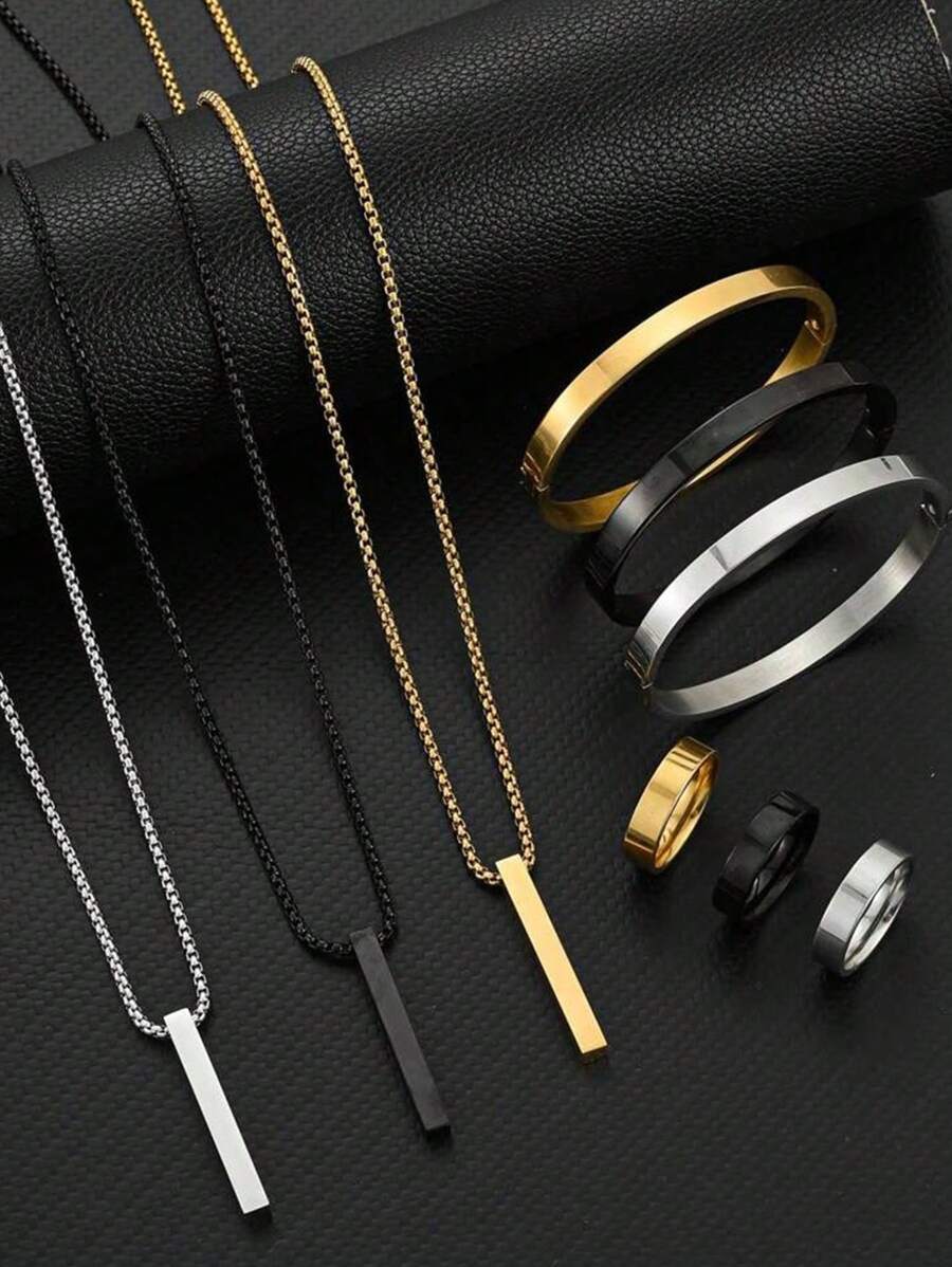 3 件套时尚长发柱氧化简约光滑男士首饰套装，适合日常佩戴