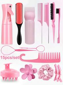1/3/6/12/13/15件套男女通用美发梳套装，包含梳子套装，可用于蓬松造型、边缘梳理和后梳，九排梳，喷雾瓶（用于梳理打结的头发），头皮按摩洗发刷，优质宽齿梳，花朵发夹，造型梳套装，梳子，发刷，梳子，梳子，打结梳，球形梳，迷你发刷，发刷套装，木梳，发刷，迷你发刷，打结梳，发刷，美发产品，美发工具，美发用品，护发，卷发梳，美发设备，旅行必备，旅行必备，发型，美发，发刷，后梳，造型梳，卷发梳，边缘梳，发梳，梳头发，发刷套装，梳头发，卷发梳，打结梳，女士发刷，头发，旅行，美发产品，美发工具，头发理发用品、理发师、理发配件、理发店、美发设备 - 彩色 - 查看 14