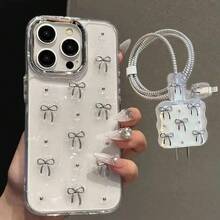 6pcs/Set Apple 16 Pro Max Phone Case With Charger Adapter, 3D Bow Soft Protective Cover Case Compatible With Iphone 17/16/15/14/13/12/11, Fashion Protective Case + Charger Adapter