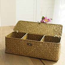 1pc Handwoven Seaweed Storage Basket, Wicker Frame With Lid, Rectangular Small Storage Box, Desktop Organizer, Home/Kitchen/Bathroom/Bedroom Decor (Style Sent Randomly) - Ginger - View 6