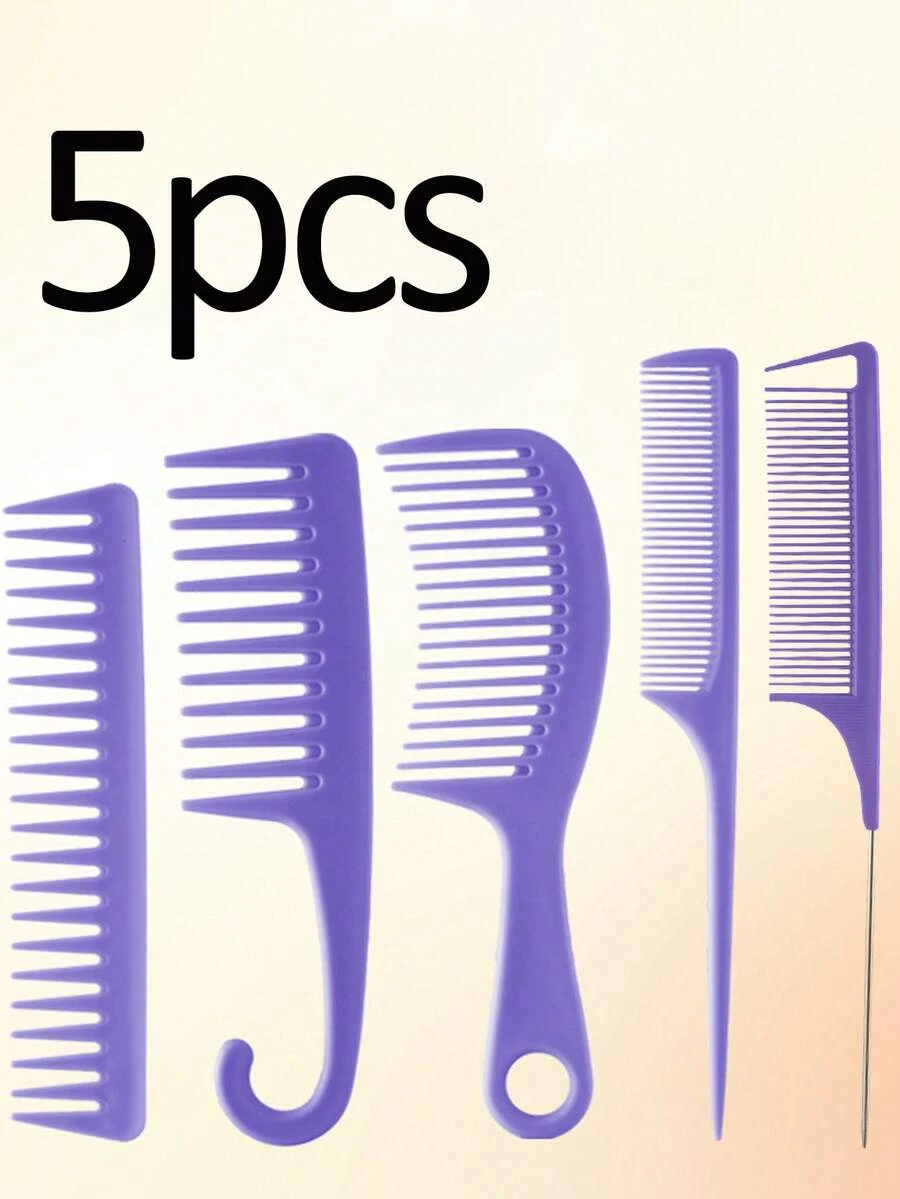 5-Piece Hairstylist Professional Comb Set, Curved Hook Comb, Pointed Tail Hairdressing Comb, Wide-Tooth Comb, Comb With Hole Handle, Steel Needle Pointed Tail Comb, Fine And Wide Tooth Styling Comb Suitable For All Hair Types, Styling Comb For Highlight Distribution Area, Professional Salon Barber Shop Hairdressing Special Tools - Multicolor - View 1