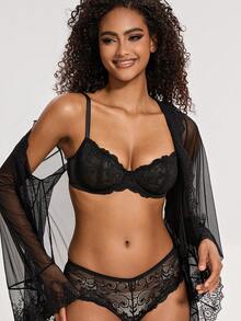 Wingslove Women's Sheer Lace Bra With Floral Pattern, Unpadded Underwire Unlined Balcony Cup Bra - Black - View 5