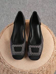 Square Toe Chunky Heel Women's Shoes, Versatile Rhinestone Button Slip-On Flats, Fashionable Mule Shoes, Black High Heels, Women's High Heel Pumps, Run Large, Size 35-43