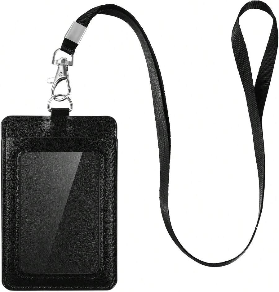 E&EY ID Badge Holder With Lanyard PU Leather Badge ID Card Holder Vertical (1)