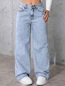 Women's High Waist Wide Leg Jeans – Casual Loose Fit Straight Denim Pants With Pockets - 淺藍色 - 查看 1