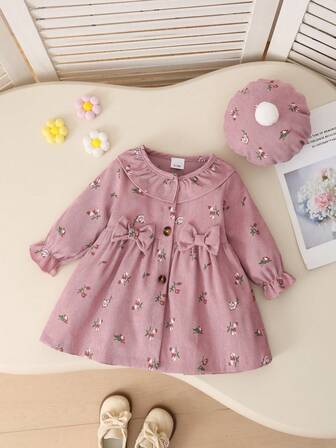 2 Stücke/Set Elegantes Baby Mädchen Blume Muster Rundhals Reißverschluss Langarm Kleid und weiße Fellball Mütze Set, Frühling/Herbst