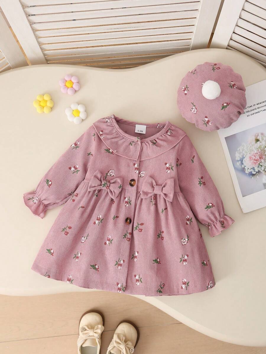 2 Stücke/Set elegantes Blumenkleid & weiße flauschige Baseballkappe Set für Baby Mädchen, minimalistischer Stil, Frühling/Herbst Outfit - Pink - Übersicht 1