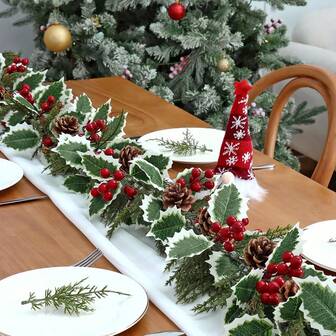 4/2/1件 2米人造冬青叶花环，带灯花环，红色浆果花环，DIY装饰品，开放式圣诞树派对