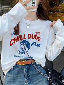 女士宽松卡通印花长袖棉质T恤，百搭春秋装 - 白色 - 查看 2