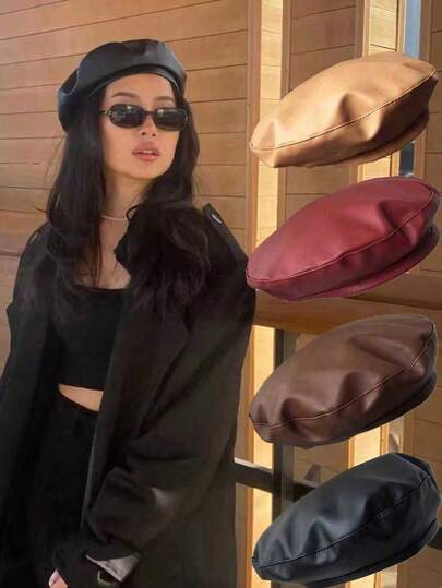 1pc Women's Black Flat Top Beret Hat, Versatile PU Painter Beret, Pumpkin Hat, Autumn/Winter