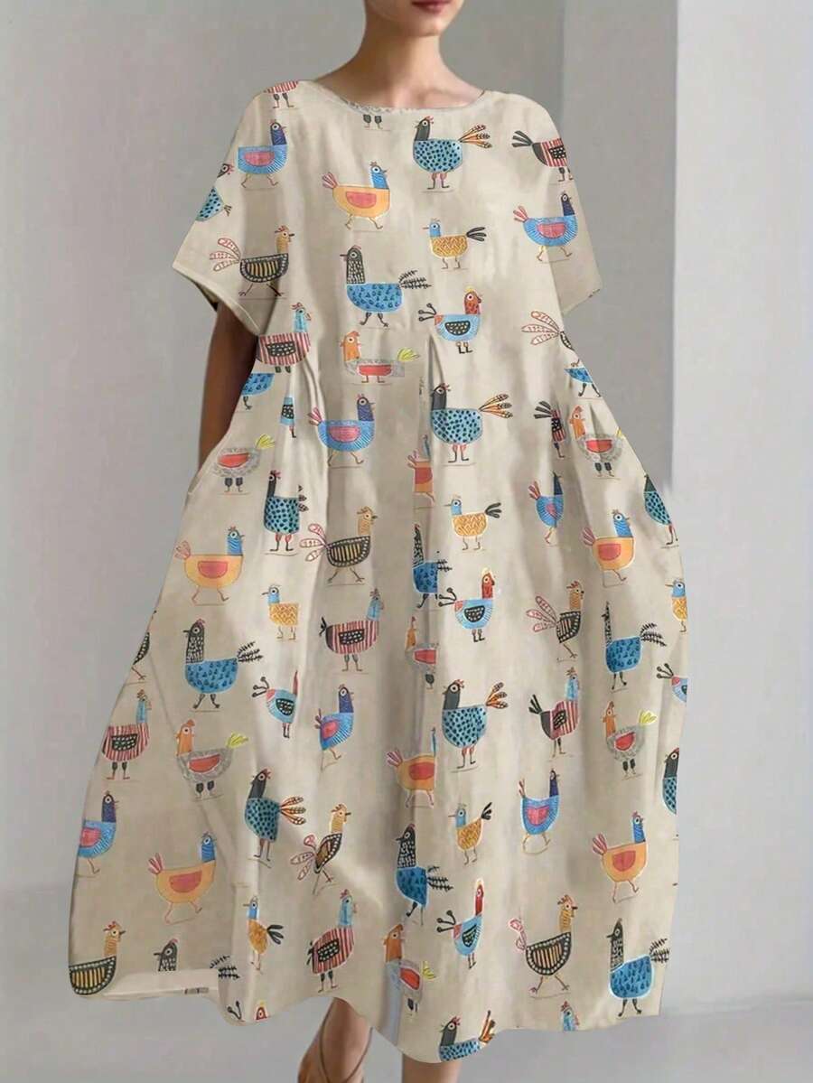 Women's Casual Elegant Dress With Random Insect & Heart Print, Pockets - Apricot - View 1