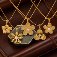 1 Stück modischer und einzigartiger 304 Edelstahl 18k vergoldeter Anhänger Halskette mit künstlichen Strass, Perlen und Vintage Blumen, runde Schlangenkette, Damen Edelstahl Schmuck Halskette, Geschenk für Frauen - Goldgelb - Übersicht 5