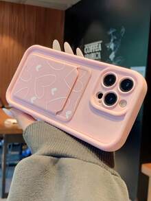 2pcs White Heart-Shaped Card Holder + Pink Bamboo Full Coverage Anti-Drop TPU Phone Case Compatible With Apple Series - Multicolor - View 4