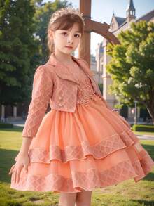 Girls' 2-Piece Dress Set With Bag | Sleeveless Layered Tulle Tutu & Floral Pearl Top | Formal Outfit For Special Occasions (4-9 Years)Coral - 珊瑚橙 - 查看 3