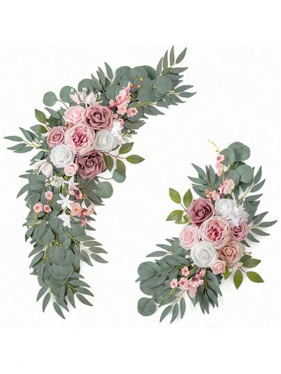2 piezas/ Decoración de arco floral para boda o cumpleaños, decoración rústica de flores falsas rosas, corona de rosas verdes y peonías para puerta, decoración del hogar, decoración de pared, decoración de aniversario, decoración para fiesta, temporada de regreso a casa, montaje de decoración de local, suministros de decoración del hogar