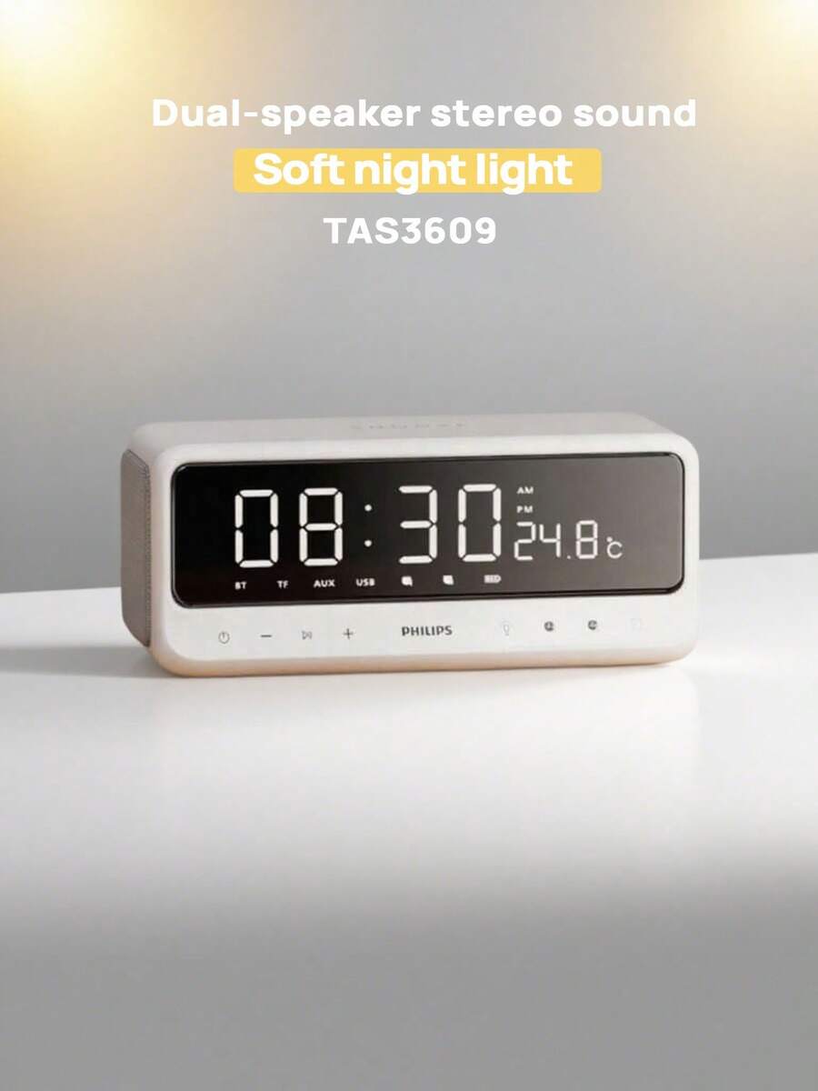 PHILIPS 時鐘鬧鐘藍牙音箱TAS3609 低音振膜 輕巧便攜 品質音質 持久續航 藍牙V5.3 全觸控介面 柔和夜光 雙喇叭立體聲 LED時鐘顯示 大容量電池 皓月白