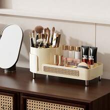1Pc 360-Degree Rotating Makeup Organizer - Large Capacity Cosmetic Storage Box With Skincare Compartment, 2-In-1 Bathroom Vanity Display Case For Women