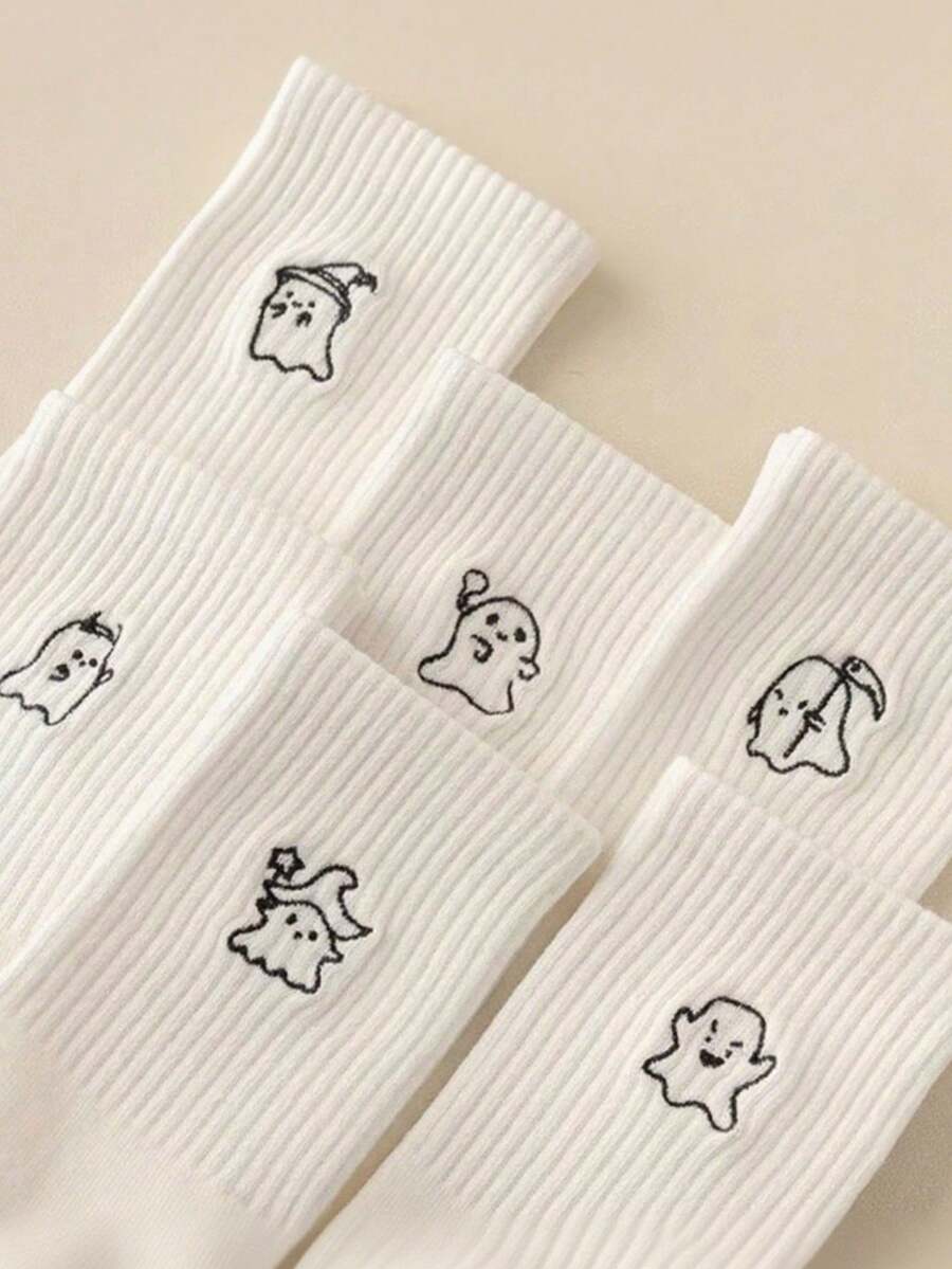 5 pares de calcetines de media caña para mujer de Halloween con patrones aleatorios de sombrero de bruja, diablo, guadaña y monstruos lindos, casuales, transpirables y que absorben la humedad, color blanco - Multicolor - Ver 1