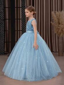 Tween Girl Sequin 3D Bow Tulle Party Dress, Elegant Blue Christmas Party Princess Dress, Suitable For Girls Birthday Party, Prom, Wedding Bridesmaid, Thanksgiving, Graduation