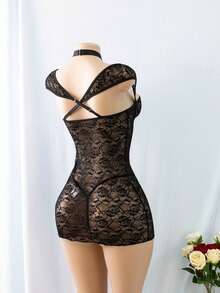 weiweihu Exotic Charm   Sexy Black Lace Embroidered Pajama Set With Adjustable Straps And Thong Panties, Knee-Length, Transparent Lace Detail, No Lining, Comfortable Polyester Fabric, Adjustable Sleepwear Elegant Sleepwear Intricate Lace Detailing   Exotic Charm Sexy Black Lace Embroidered Pajamas Set, With Adjustable Shoulder Straps And Thong Panties, Knee-Length, Transparent Lace Details, Unlined, Comfortable Polyester Fabric, Adjustable Pajamas, Elegant Pajamas.Halloween Costumes Women - 黑色 - 查看 6