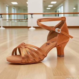 1 Pair Latin Dance Shoes For Women, Soft Sole, Mid Heel, Satin Upper, Professional Dance School Dance Student Performance Practice Shoes