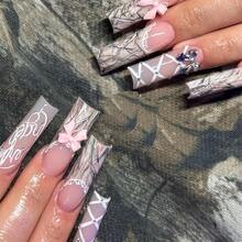 Xl Press On Nails Long Square Fake Nails French Tip Glue On Nails With Designs Nails Charm And Rhinestones False Nails Acrylic Nails Full Cover Stick On Nails For Women Nail Decorations - Style40 - 查看 2