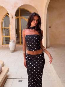 New Summer Sstyle Women's Set Featuring A High-Waisted Skirt And A Cropped Halter Top With Polka Dot Print - 黑色 - 查看 4